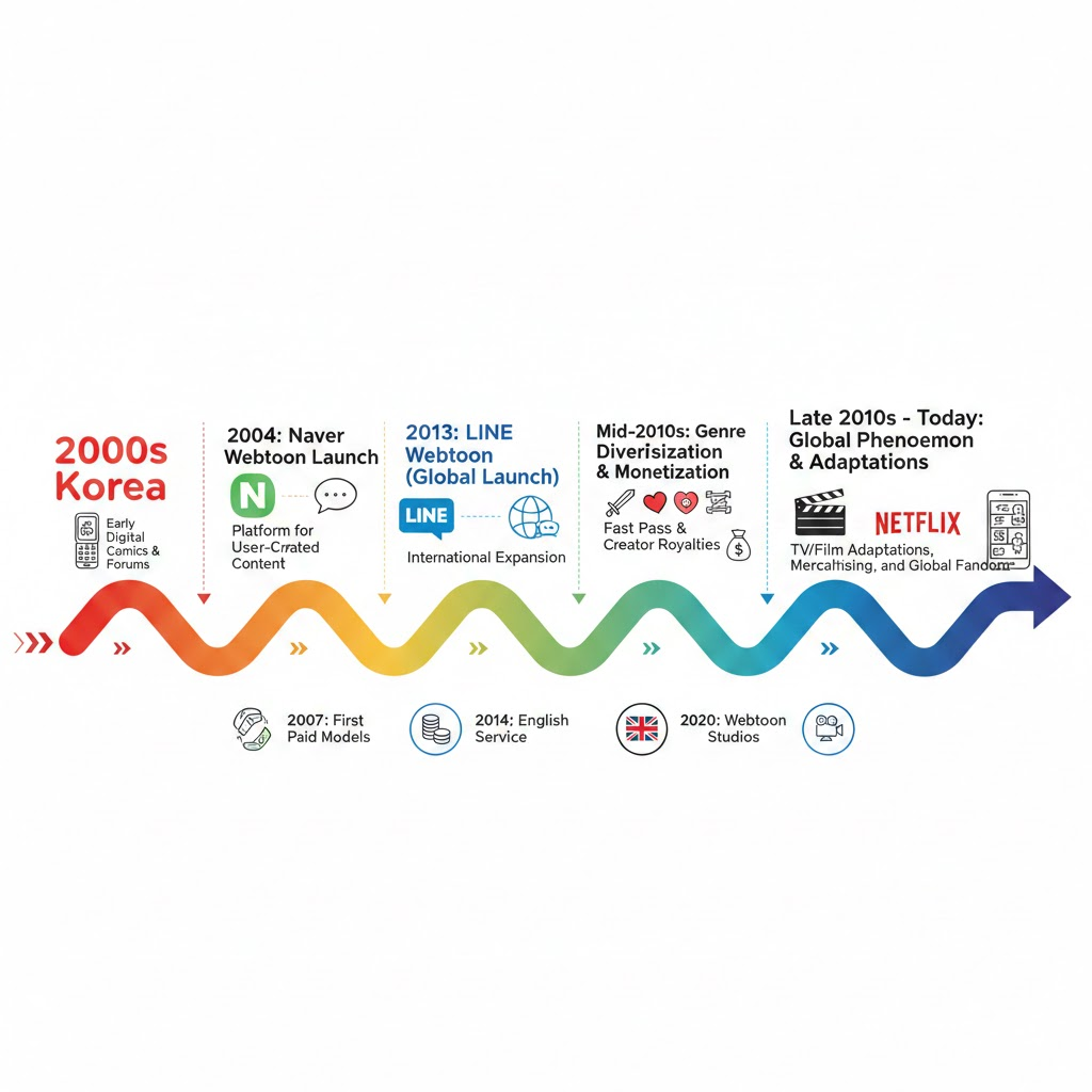 Webtoons history timeline for digital comics enthusiasts.