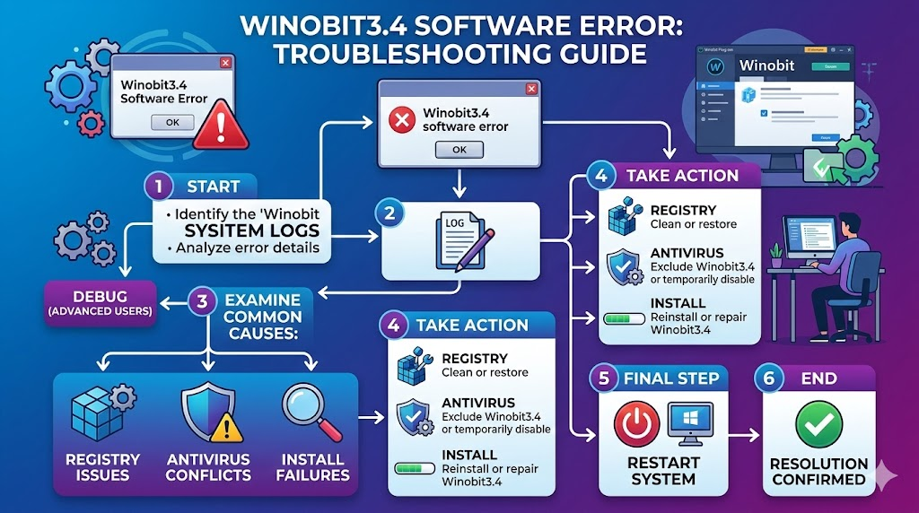 winobit3.4 software error fix guide infographic.